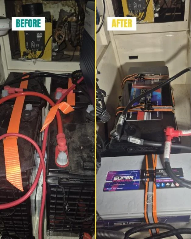 Before and after: old flooded batteries replaced with a lithium house battery and new cranking battery