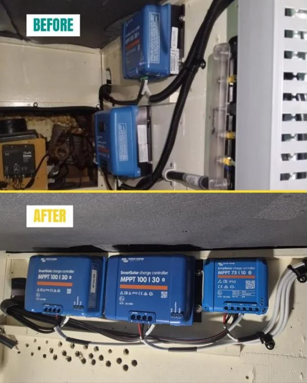 Before and after: old solar regulators replaced with three Victron SmartSolar MPPT charge controllers