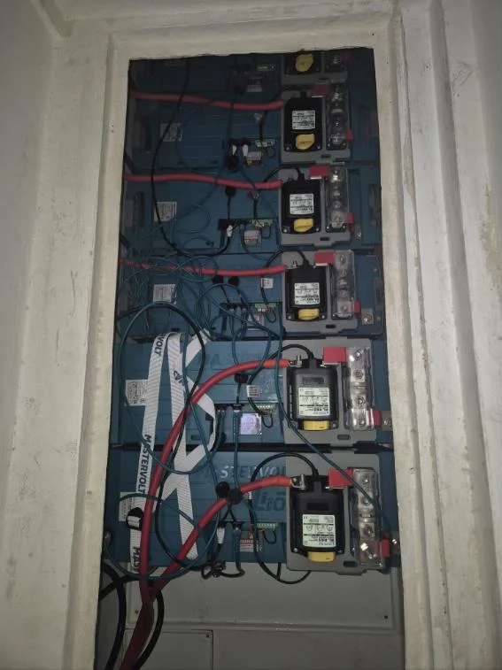 Five-module Mastervolt lithium battery installation in a catamaran hull