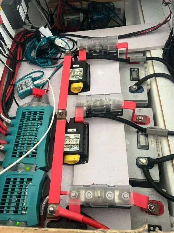 Lithium battery bank with Blue Sea remote battery switches, fused busbars and Mastervolt charger