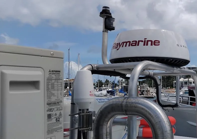 Raymarine Quantum radar and antenna mounted on an arch at a Darwin marina