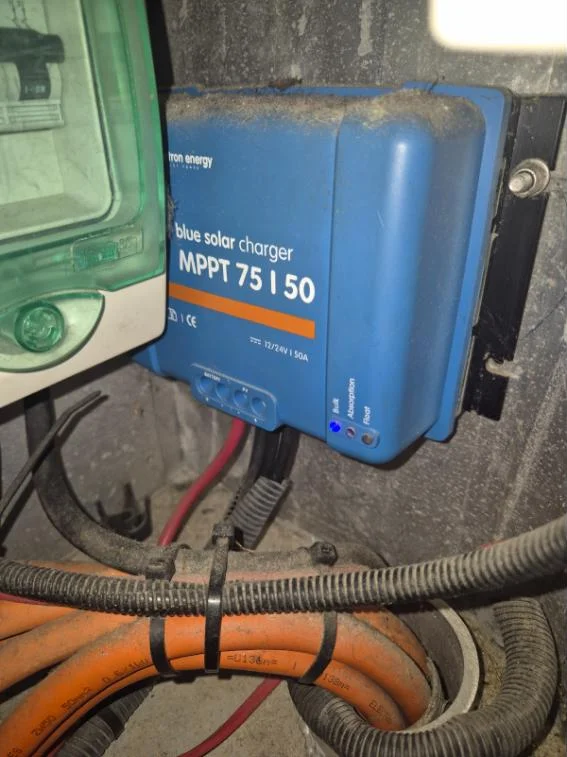 Victron BlueSolar MPPT 75/50 solar charge controller installed on a charter vessel